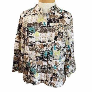 Christopher & Banks Blouse Medium Button Up Floral Print 3/4 Sleeve Linen Blend